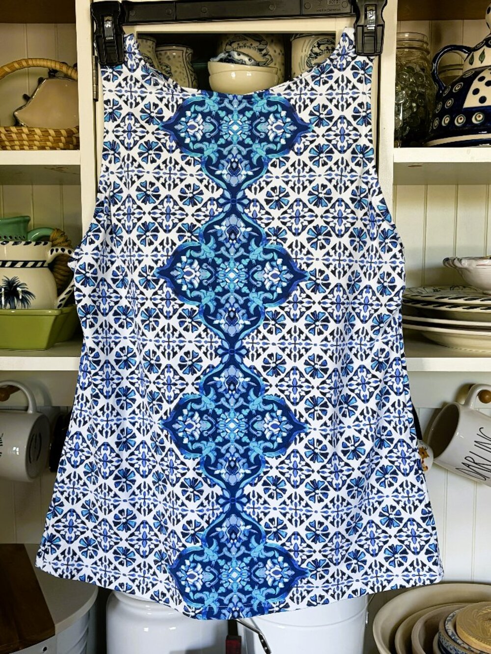 Lands'End Tankini Top Sz 10 Blue & White Batik Medallion Print High Neck